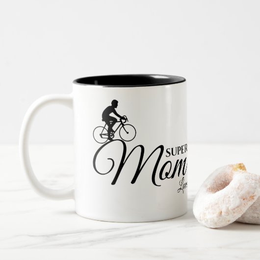 Moeder | Moederdag Zwarte Script Fietsrijder Tweekleurige Koffiemok (Met donut)