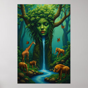 Moeder Natuur's Embrace - Surreal Wildlife Fantasy Poster