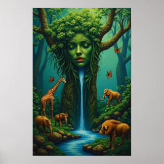Moeder Natuur's Embrace - Surreal Wildlife Fantasy Poster