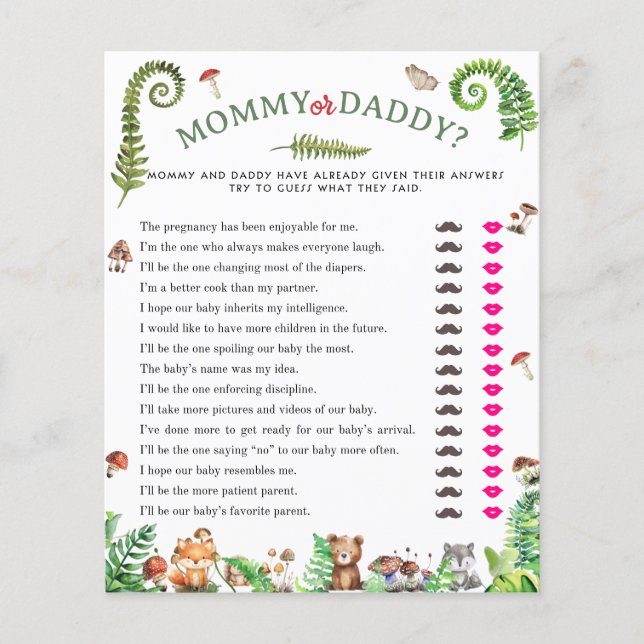 Moeder of vader bosdier baby shower spel (Voorkant)