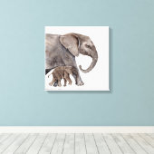 Moeder Olifant met Baby Olifant Canvas Afdruk (Insitu (Houten vloer))