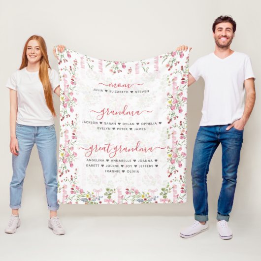 Moeder Oma & Overgrootmoeder Met Namen Bloemstuk Fleece Deken (In situ)