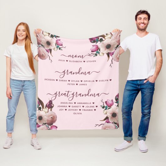 Moeder Oma & Overgrootmoeder Met Namen Bloemstuk Fleece Deken (In situ)
