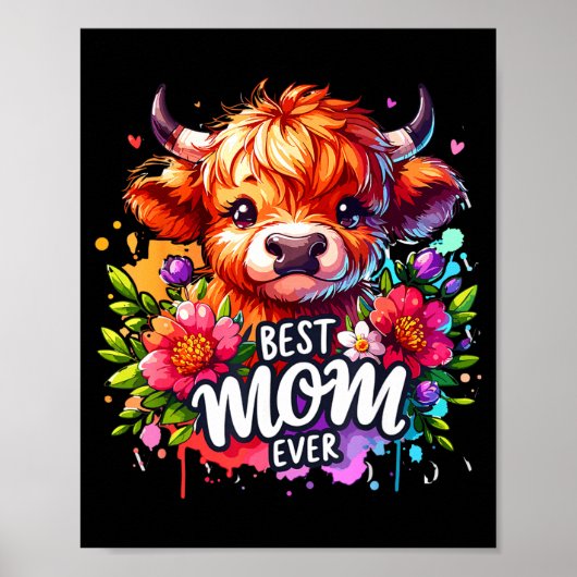 Moeder ooit hooglandkoe bloemig moederdag poster (Voorkant)