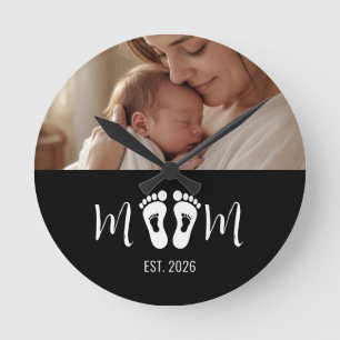 Moeder Opgericht Baby Voetafdrukken Foto Moederdag Ronde Klok