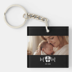 Moeder Opgericht Baby Voetafdrukken Foto Moederdag Sleutelhanger