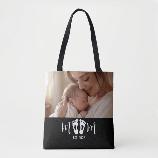 Moeder Opgericht Baby Voetafdrukken Script Zwart F Tote Bag (Voorkant)
