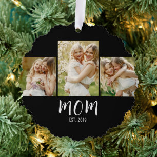 Moeder Opgericht Elegante Schrift Zwart 3 Foto Ornament Kaart
