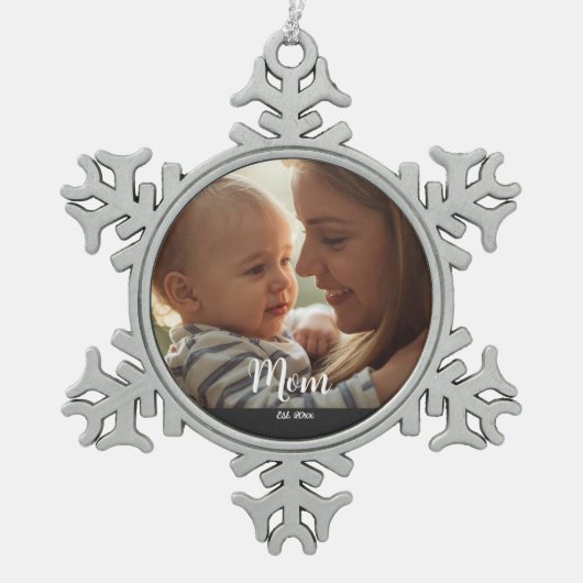 Moeder Opgericht Jaar Script Foto Tin Sneeuwvlok Ornament (Voorkant)