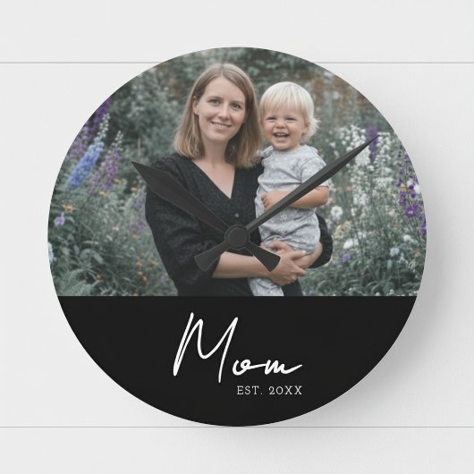 Moeder Opgericht Modern Wit Script Foto Ronde Klok