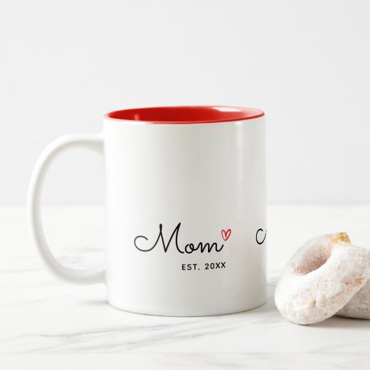 Moeder Opgericht Mooie Script Rode Hart Tweekleurige Koffiemok (Met donut)