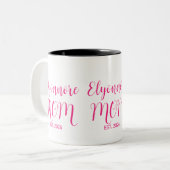 Moeder Opgericht Roze Script Naam Tweekleurige Koffiemok (Voorkant links)