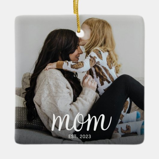Moeder Opgericht Witte Script Foto Keramisch Ornament (Voorkant)
