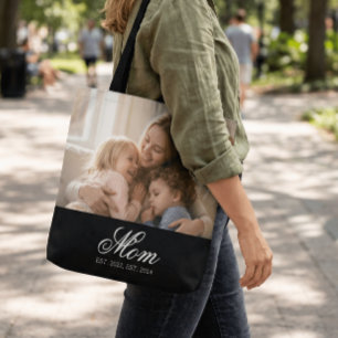 Moeder Opgericht Zwart Elegant Script Foto Tote Bag