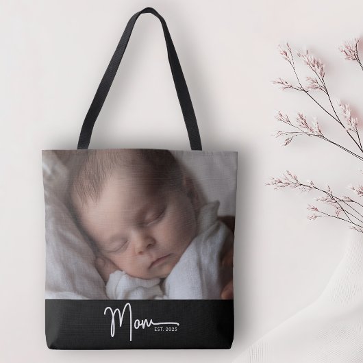 Moeder Opgericht Zwart Modern Minimaal Script Foto Tote Bag