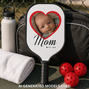 Moeder Opgerichte Script Rode Hart Foto Wit Pickleball Paddle