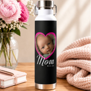Moeder Opgerichte Script Roze Hart Foto Zwart Waterfles