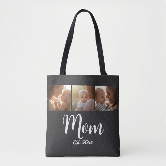 Moeder Oprichtingsjaar Script Zwart 3 Foto Boodsch Tote Bag (Voorkant)