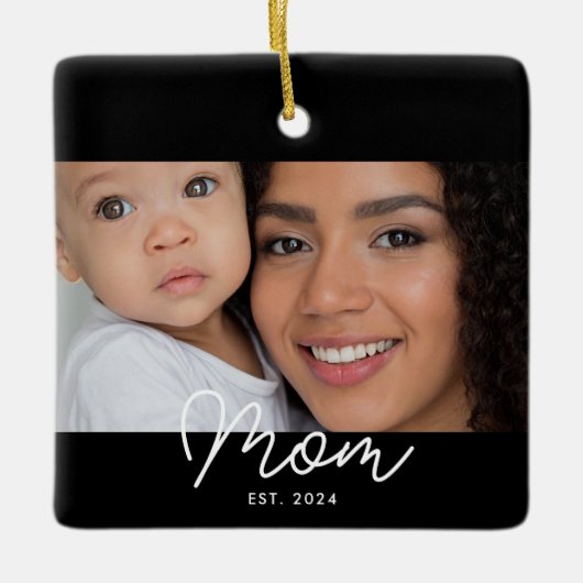 Moeder Oprichtte Zwart Wit Script Foto Keramisch Ornament (Voorkant)