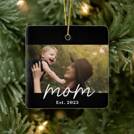 Moeder Oprichtte Zwarte Witte Script Foto Keramisch Ornament (Boom)