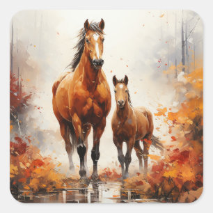 Moeder Paard en Veulen in Herfst bladeren Vierkante Sticker