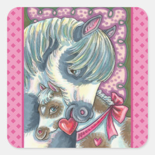 MOEDER PONY & HAAR VALENTIJN VULLEN, HORSE VIERKANTE STICKER