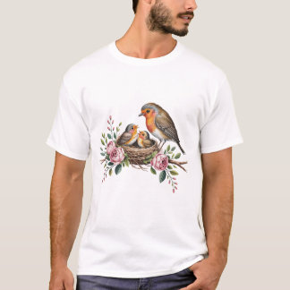Moeder robin voedt baby vogels in nest met rozen t-shirt