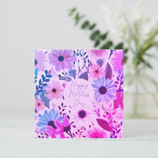 Moeder roze, blauw en paarse bloemen Moederdag Kaa (Staand voorkant)