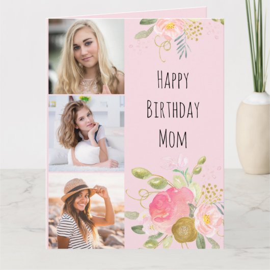 Moeder Roze en Goud Vrouwelijke Bloemen 3 Foto Ver Kaart (Voorkant)