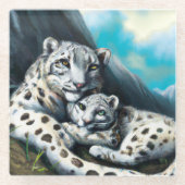 Moeder Sneeuwluipaard en kubus in de bergen Glazen Onderzetter (Voorkant)