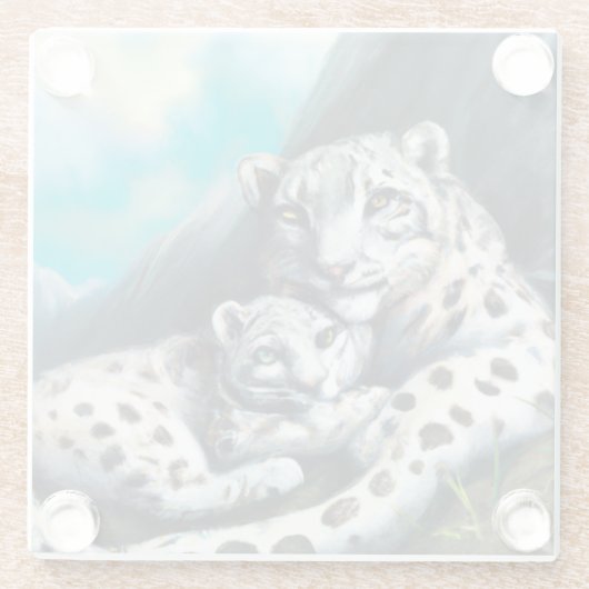 Moeder Sneeuwluipaard en kubus in de bergen Glazen Onderzetter (Achterkant)