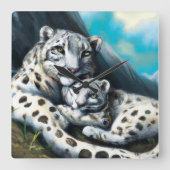 Moeder Sneeuwluipaard en kubus in de bergen Vierkante Klok (Voorkant)