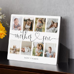 Moeder Son Heart Script | Fotoraster collage Fotoplaat<br><div class="desc">Een speciaal en gedenkwaardig fotocollage cadeau voor moeder en zoon Het ontwerp is voorzien van een 8-foto collage indeling om acht van je eigen speciale moeder- en zoonfoto's weer te geven. "Moederzoon" is ontworpen in een stijlvolle zwarte script en een stijlvolle, zwarte ontwerpkalligrafie en aangepast aan de naam van moeder...</div>