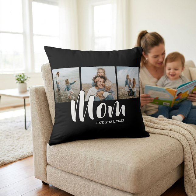 Moeder Stelde Modern Schrift Zwart 3 Foto Kussen (Mom Established Modern Script Black 3 Photo Throw Pillow)
