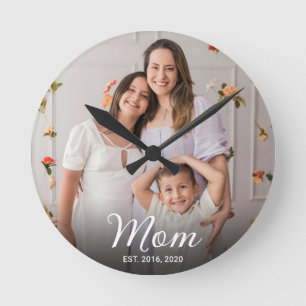 Moeder Stelde Modern Wit Script Foto Op Ronde Klok