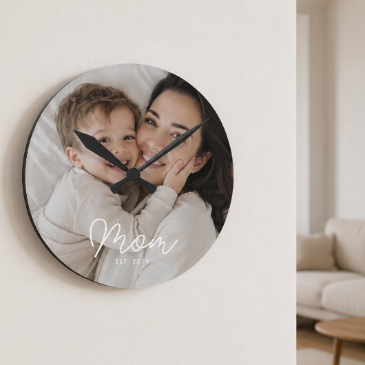 Moeder Stelde Moderne Witte Script Foto Op Ronde Klok