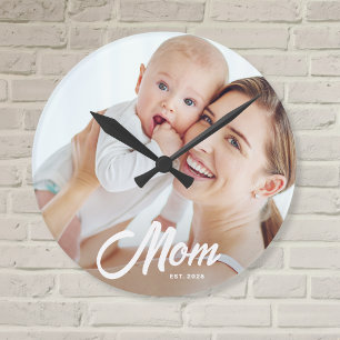 Moeder Stelde Moderne Witte Script Foto Op Ronde Klok