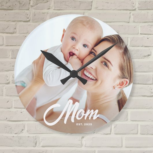 Moeder Stelde Moderne Witte Script Foto Op Ronde Klok