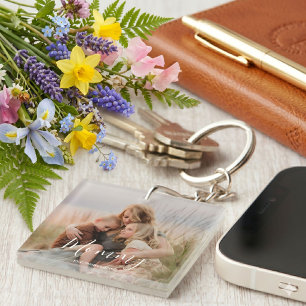 Moeder Stichtte Moderne Elegante Script Foto Sleutelhanger