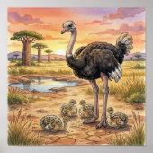 Moeder Struisvogel en Kuikens Nurseriesposter Poster (Voorkant)