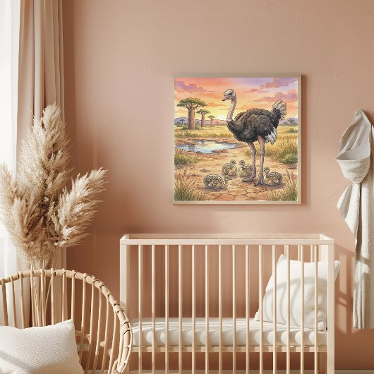 Moeder Struisvogel en Kuikens Nurseriesposter Poster