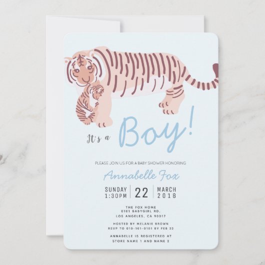 Moeder Tijger & Cub Blue Boy Baby shower Uitnodigi Kaart (Voorkant)