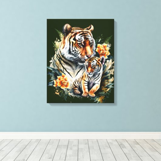 Moeder Tijger met haar Cub Canvas Print (Insitu (Houten vloer))