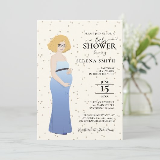 MOEDER-TO-BE IN BLAUWE JURK DOUCHE KAART (Staand voorkant)