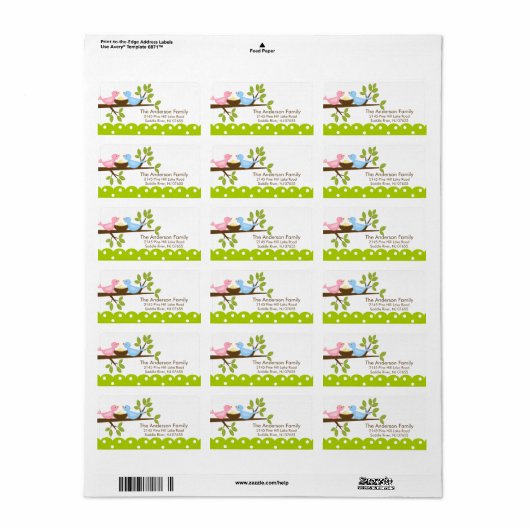 Moeder Vader Vogels met Baby Vogelnest Adres Label (Full Sheet)
