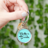 Moeder van Bride Retro Script Black op Aqua Sleutelhanger (Hand)