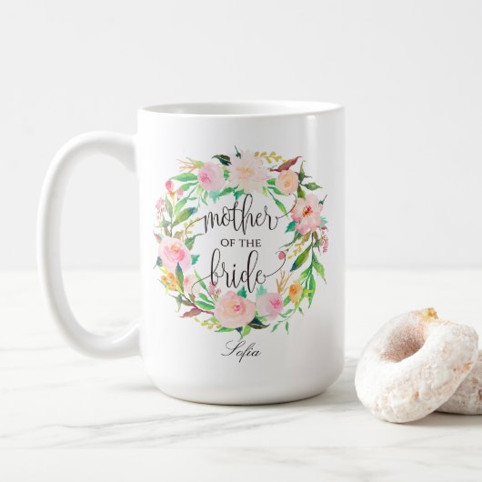 Moeder van de Bride, Calligrafie, Floral Wreath-5 Koffiemok (Met donut)