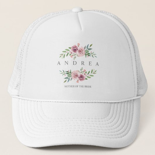 Moeder van de Bride Naam Roze Waterverf Garland Trucker Pet (Voorkant)