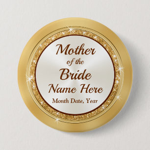 Moeder van de Bride Pin, PERSONALISEERD, Gold Them Ronde Button 7,6 Cm