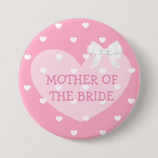 Moeder van de Bride Pink Hearts White Bow Button (Voorkant)